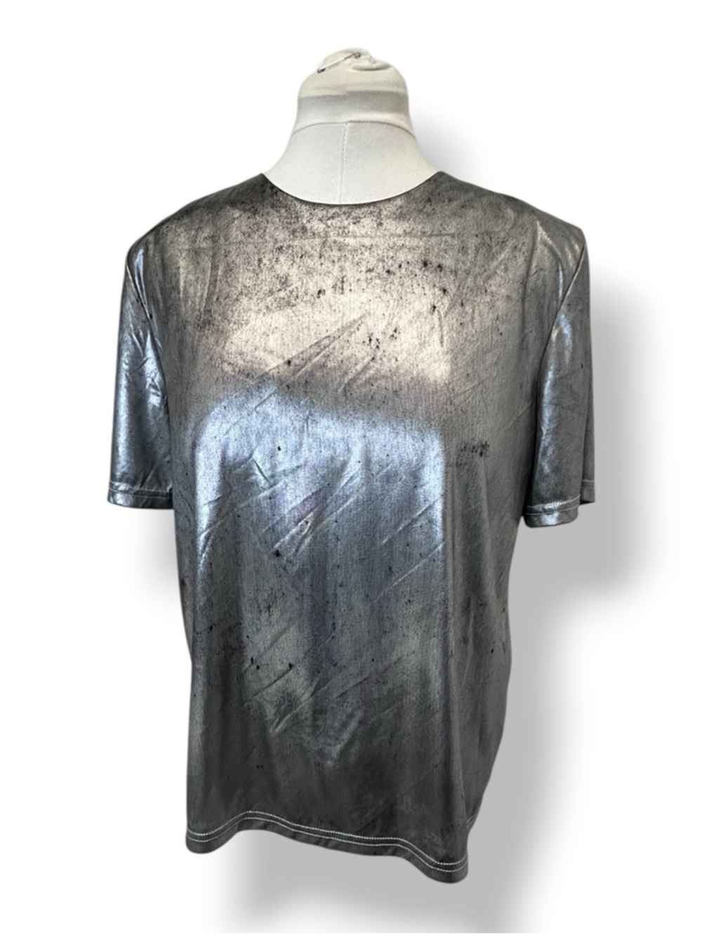 Adamo Women’s Short Sleeve Blouse Top VTG 90s Cyber Futuristic Metallic Silver M